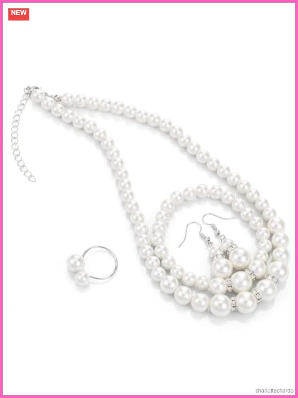 Faux Pearl Jewelry Set Necklace Earrings Bracelet Ring Adjustable Stainless